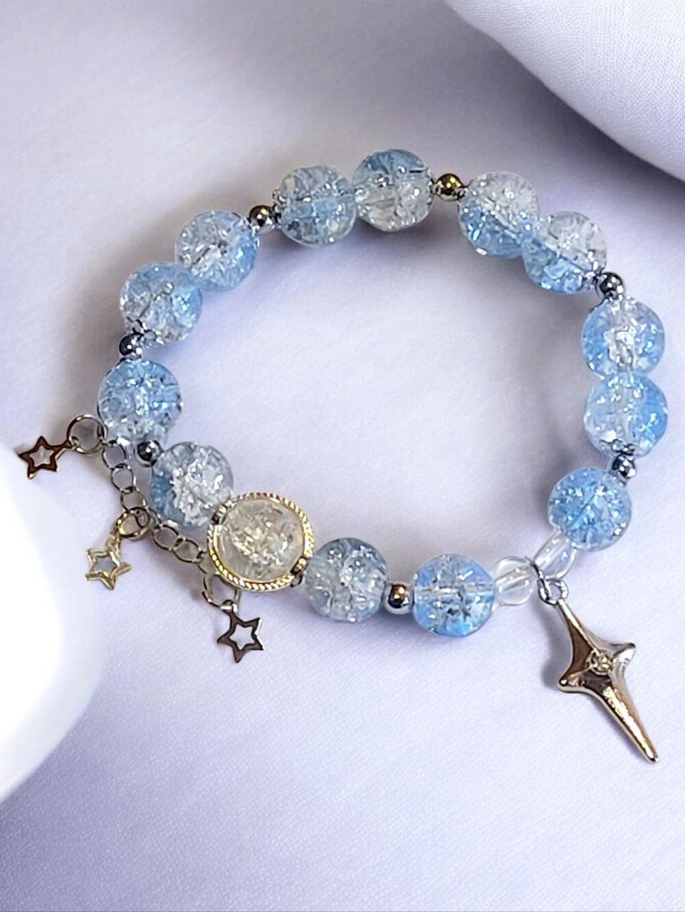 Blue Crackle Bead Charm Bracelet with Star Accents